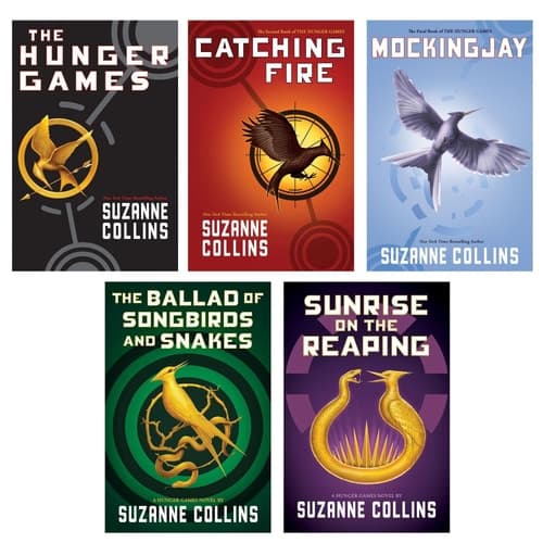 Hunger Games Hardcover 5 Books Set By Suzanne Collins (The Hunger Games, Catching Fire, Mockingjay, The Ballad of Songbirds and Snakes, Sunrise on the Reaping) cover