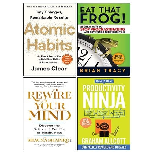 Atomic Habits, Eat That Frog!, Rewire Your Mind, How to be a Productivity Ninja 4 Books Collection Set cover