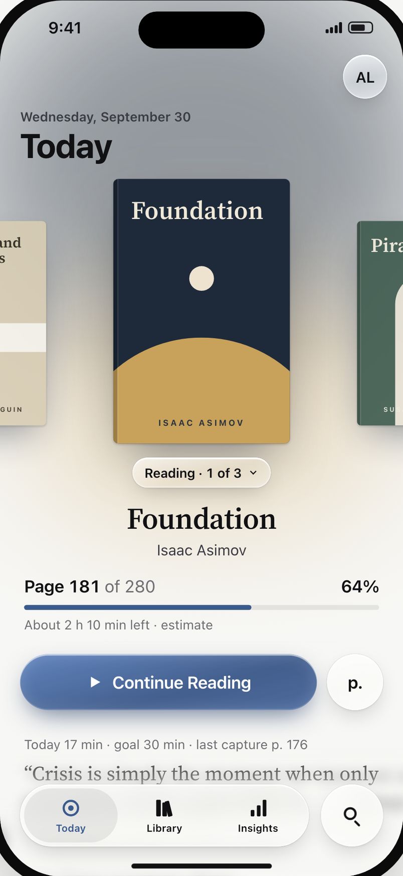 ReadList’s Today screen: Foundation by Isaac Asimov at page 181 of 280, 64% read, about 2 hours 10 minutes left, with a Continue Reading button and the last quote saved.