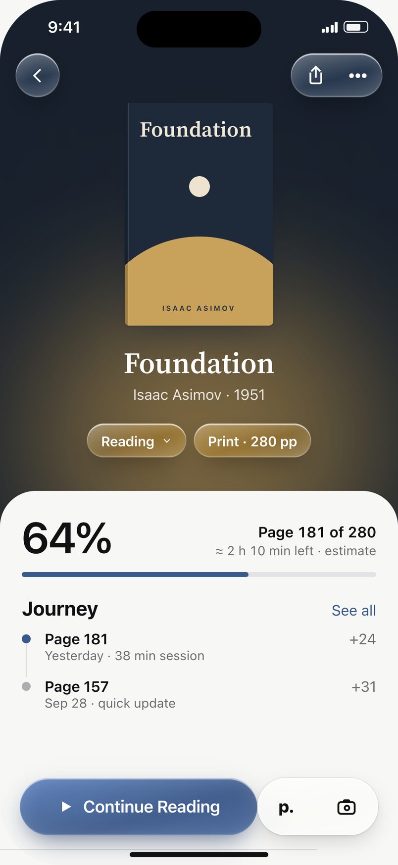 ReadList’s book screen for Foundation by Isaac Asimov: 64% read, page 181 of 280, about 2 hours 10 minutes left as an estimate. Its Journey shows page 181 yesterday after a 38-minute session and page 157 on September 28 from a quick update, above a Continue Reading button.